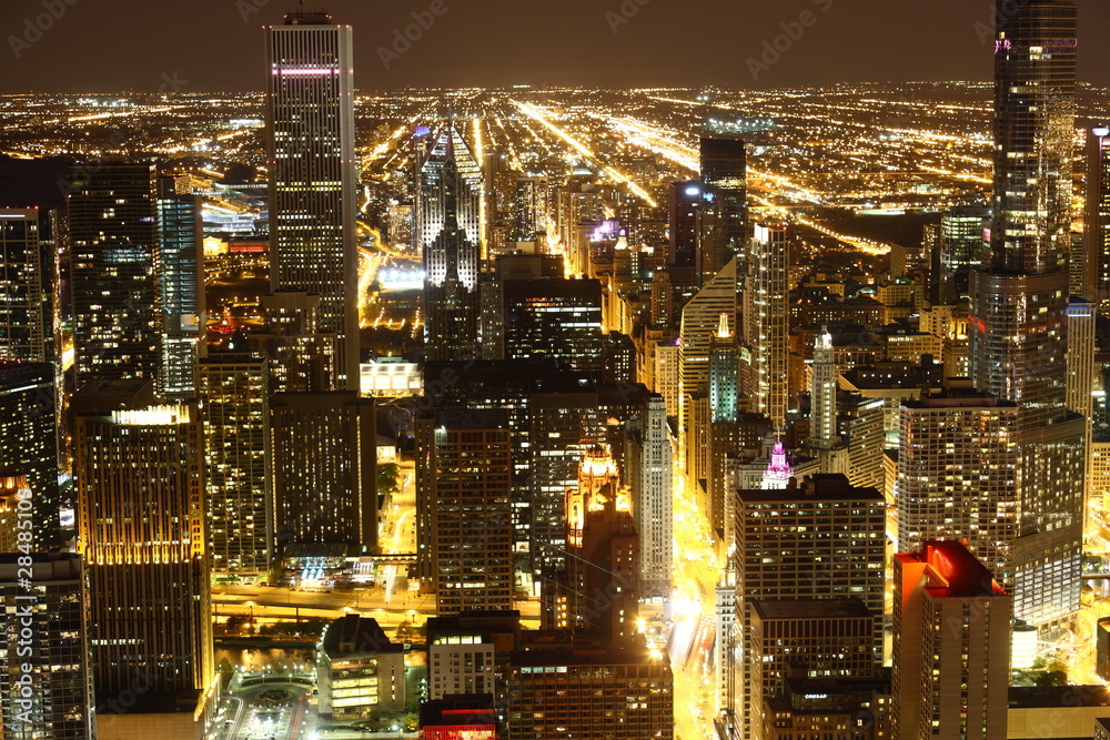View to Downtown Chicago / USA from high above at night