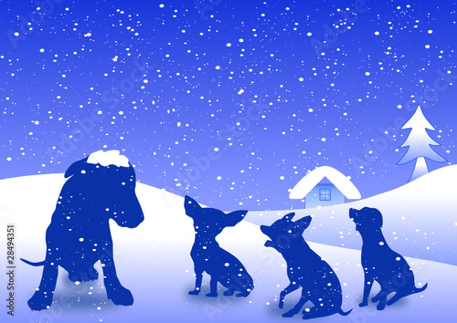 Dogs family on the snowflake background