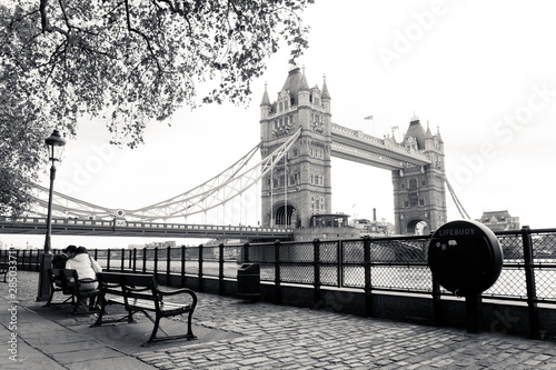 A black and white view of Tower Bridge