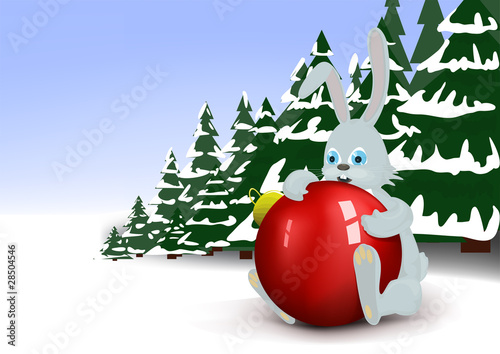 A young hare hugs a red christmas ball
