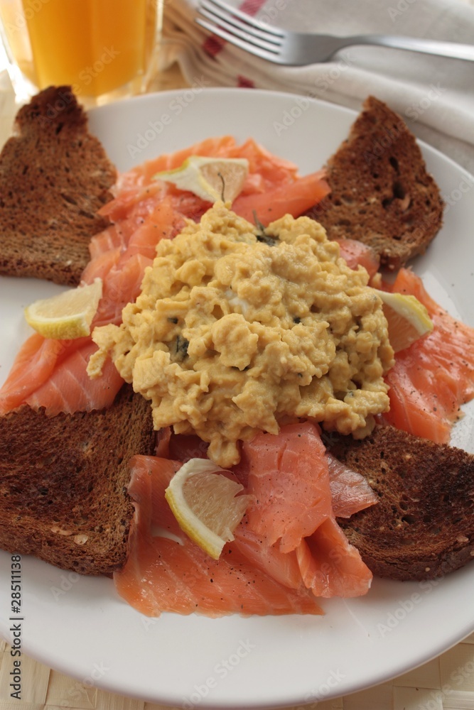 Scrambled eggs and smoked salmon breakfast