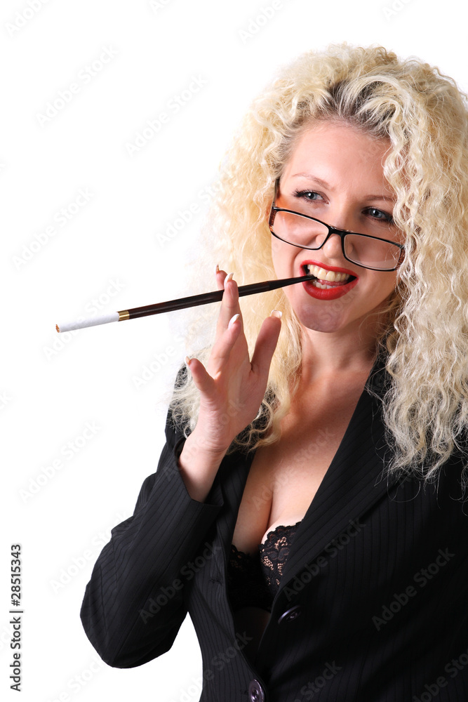 Obraz premium Pretty woman with a mouthpiece. Curly blonde on the white