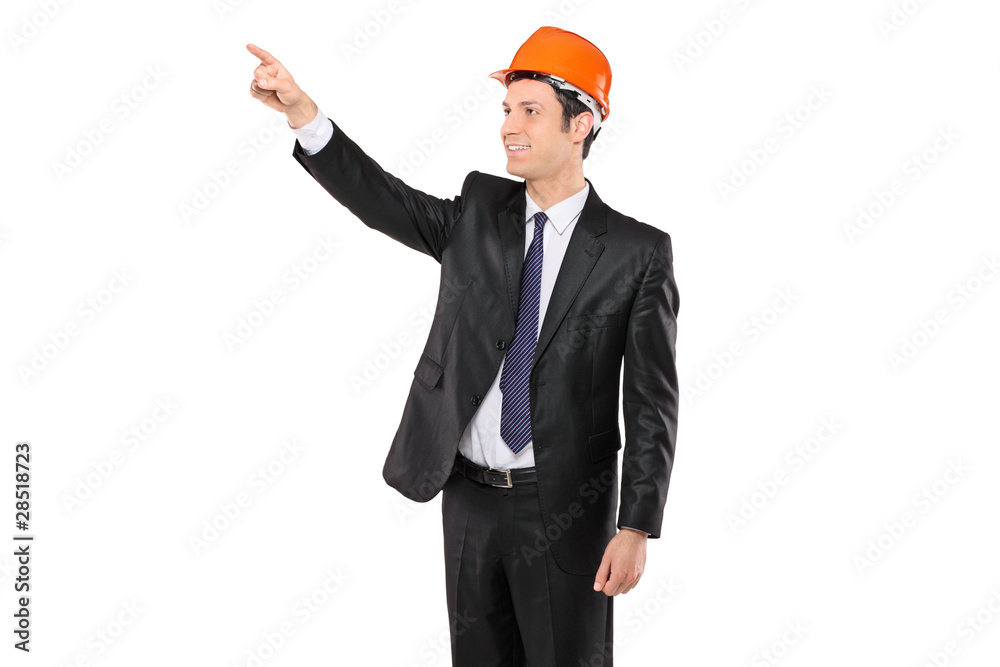 Foreman in a black suit pointing Foreman in a black suit pointing