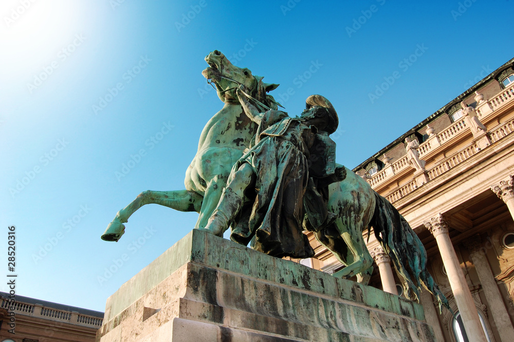 A horse and rider statue at Royal palace in Budapest