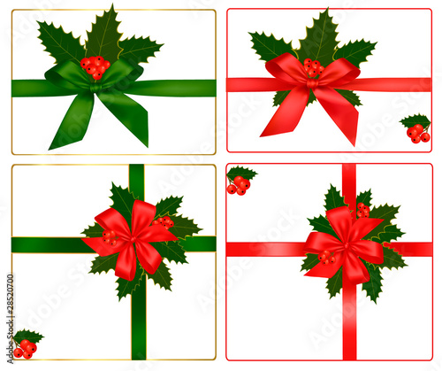 Collection of red and green bows with ribbons. Vector.