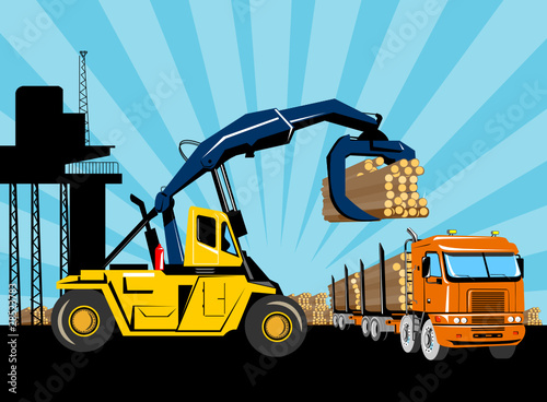 forklift truck hositing logs lorry rig trailer