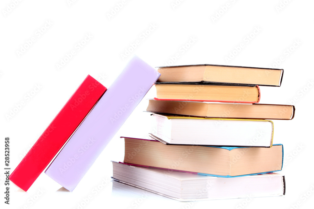 Fototapeta premium Hard cover books and green apple isolated on white