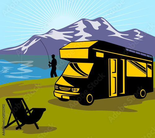 fisherman fishing camper van and chair lake mountain