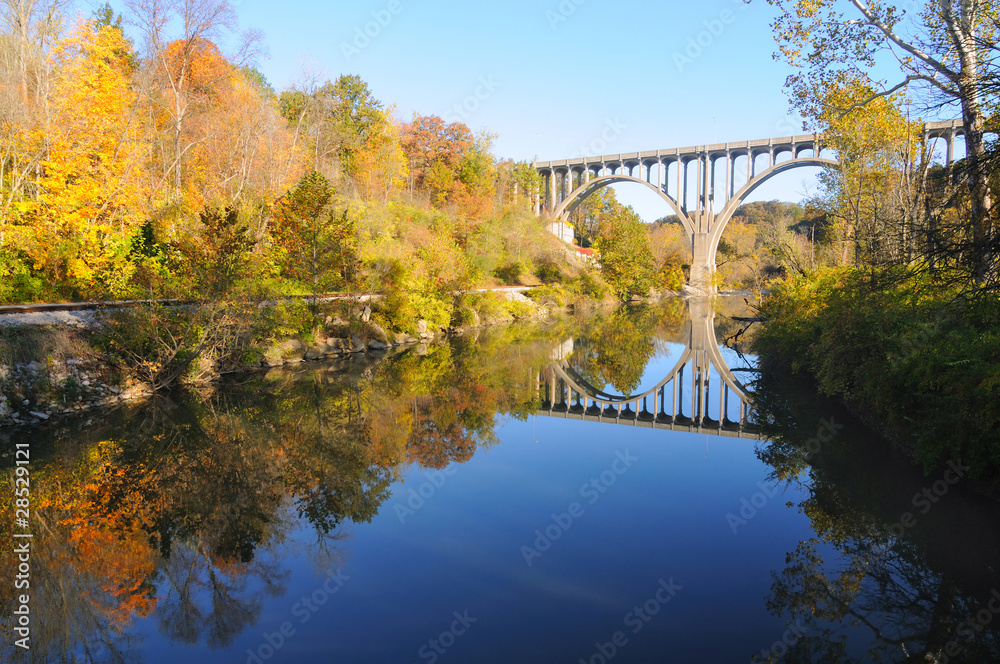 Arched bridge over blue water