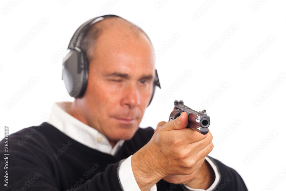 Man Pointing a Gun on White Background. Man Pointing a Gun on White Background.