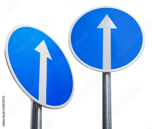 Isolated signs. Two blue street signs with an arrow up isolated on white background