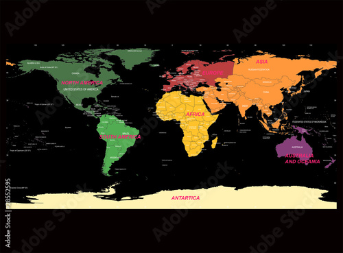 Detailed World Map with Names of Continent and Countries, vector