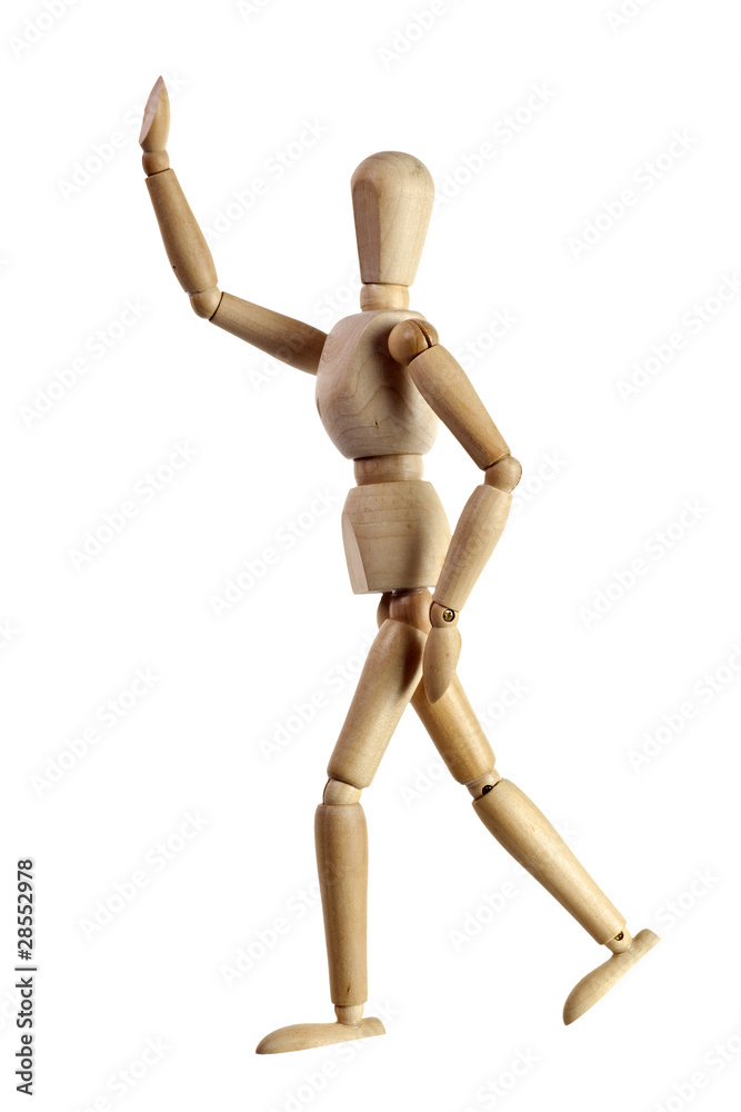 Wooden mannequin running after someone isolated on white Wooden mannequin running after someone isolated on white