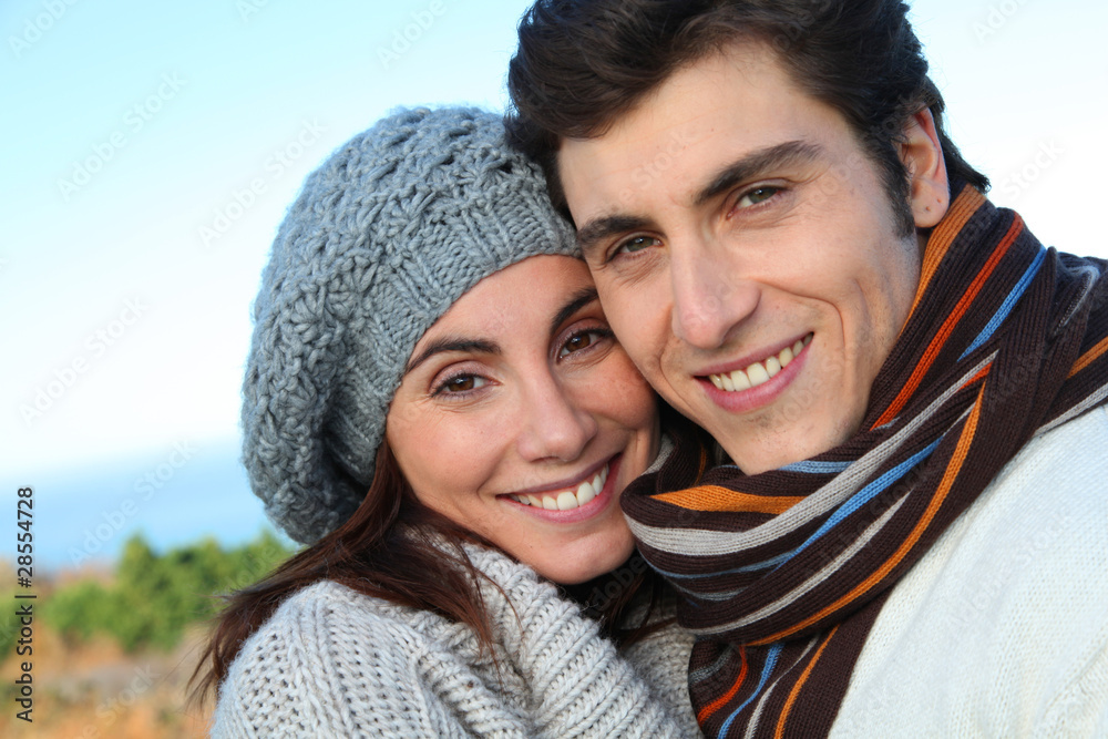 Portrait of happy couple in fall season Portrait of happy couple in fall season