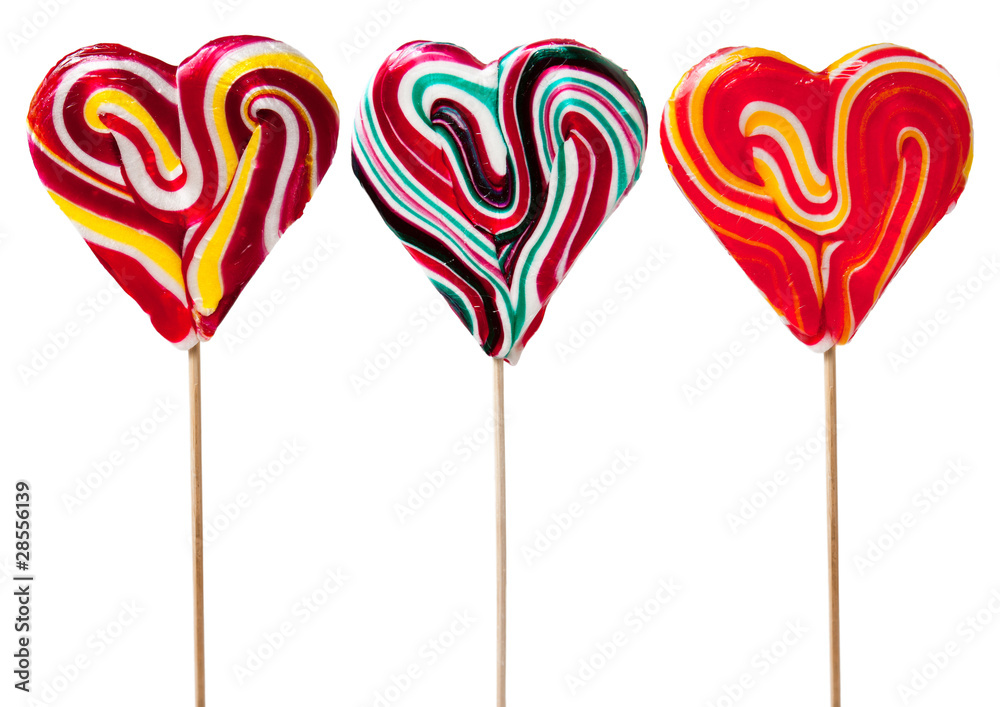 Three Heart Shaped Candy Lollipops, with clipping path