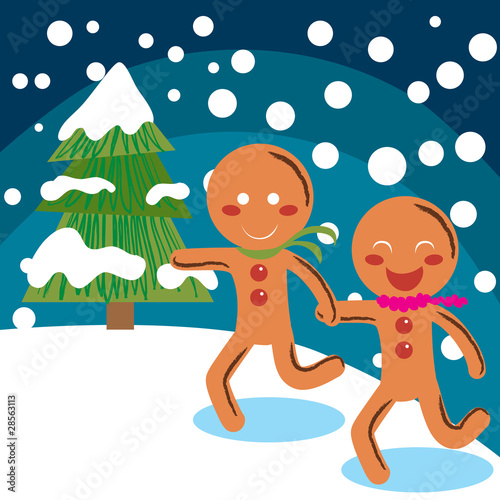Sweet and tasty Gingerbread couple running on snow