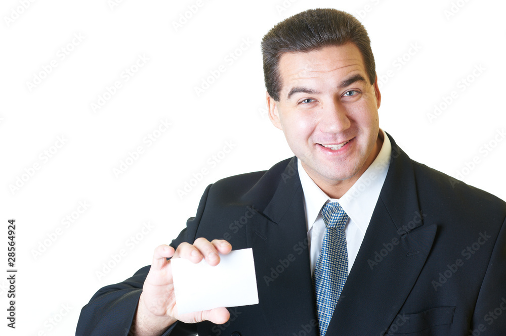 Attractive man with blank card in black suit isolated on white Attractive man with blank card in black suit isolated on white