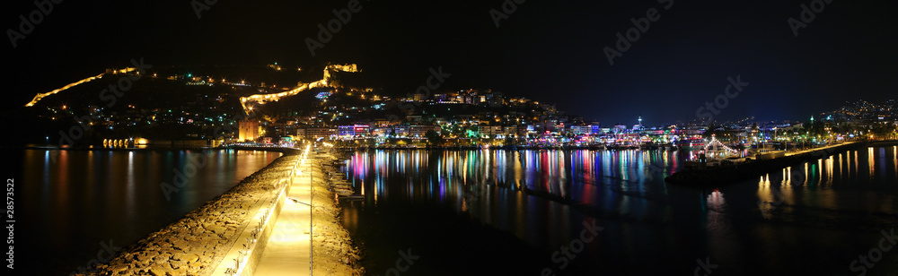 Alanyan port panorama with pier at night