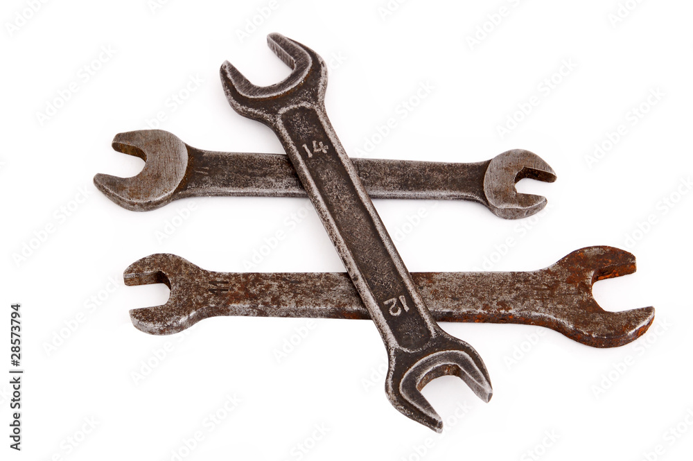 Old rusty wrench, isolated on white background Old rusty wrench, isolated on white background