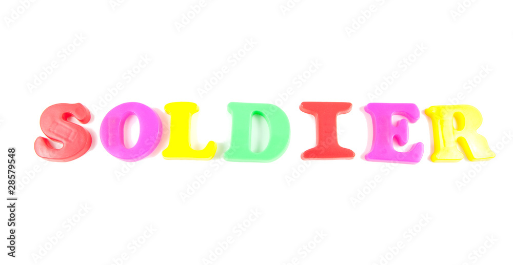 soldier written in fridge magnets on white background soldier written in fridge magnets on white background