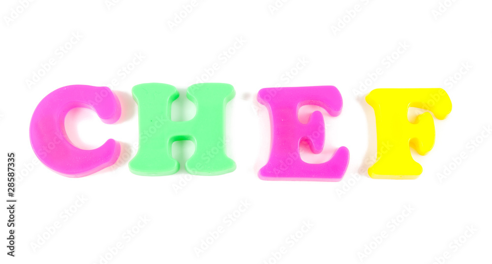 chef written in fridge magnets on white background chef written in fridge magnets on white background