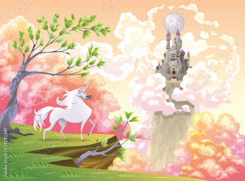 Unicorn and mythological landscape. Vector illustration