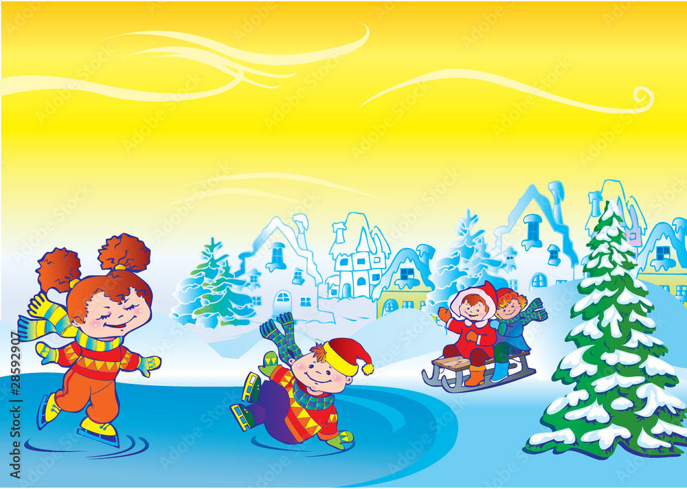 Winter story. Vector art-illustration. Happy childhood. Winter story. Vector art-illustration. Happy childhood.