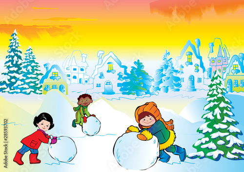 Winter story. Vector art-illustration. Happy childhood.
