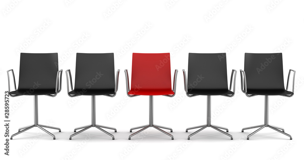 red office chair among black chairs isolated on white background red office chair among black chairs isolated on white background