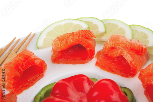 fresh salmon slices on white