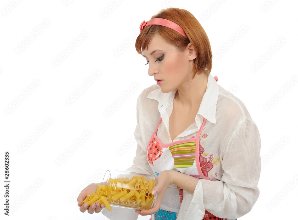 Beautiful cooking woman in apron with italian pasta macaroni. i Beautiful cooking woman in apron with italian pasta macaroni. i