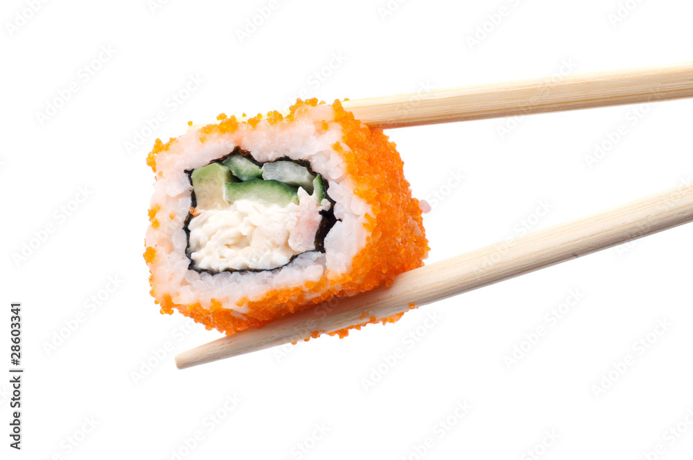 Sushi and chopsticks on white Sushi and chopsticks on white