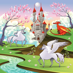 Keuken achterwand Kasteel Pegasus eenhoorn en draak fantasie  © ddraw