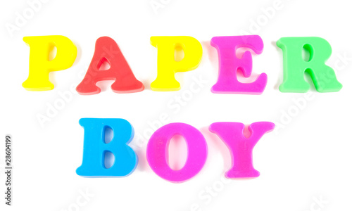 paper boy written in fridge magnets on white background