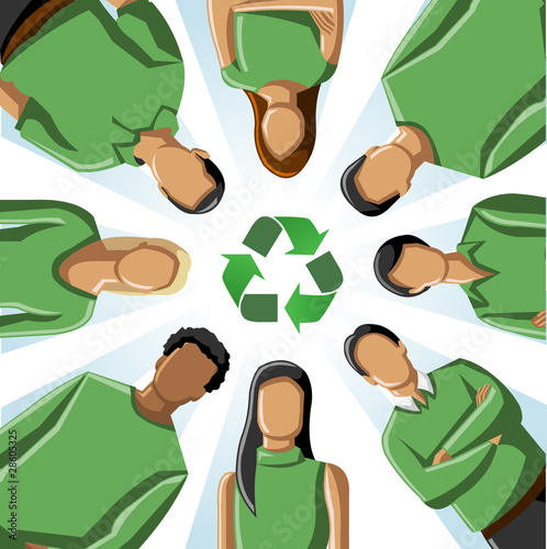 circle of people in green clothes and recycling icon