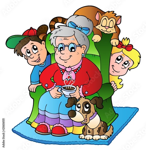 Cartoon grandma with two kids