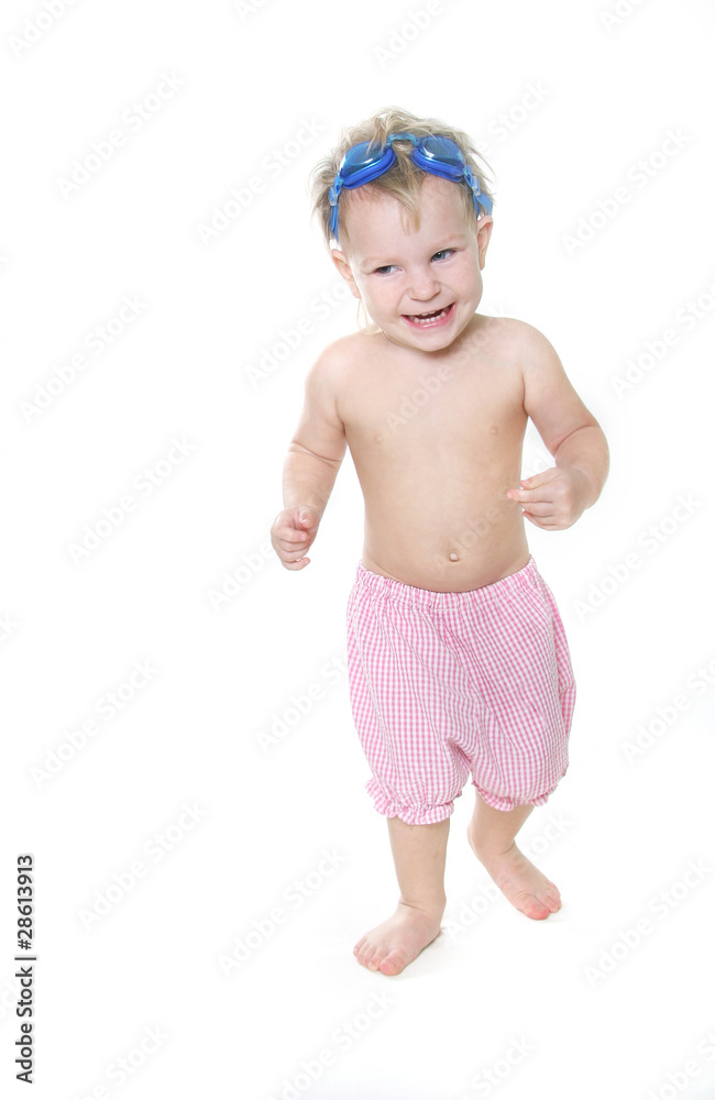 studio portrait of happy child in swim glasses over white studio portrait of happy child in swim glasses over white