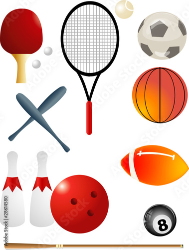 Set of colorful sport balls and gaming items. Vector Illustration.