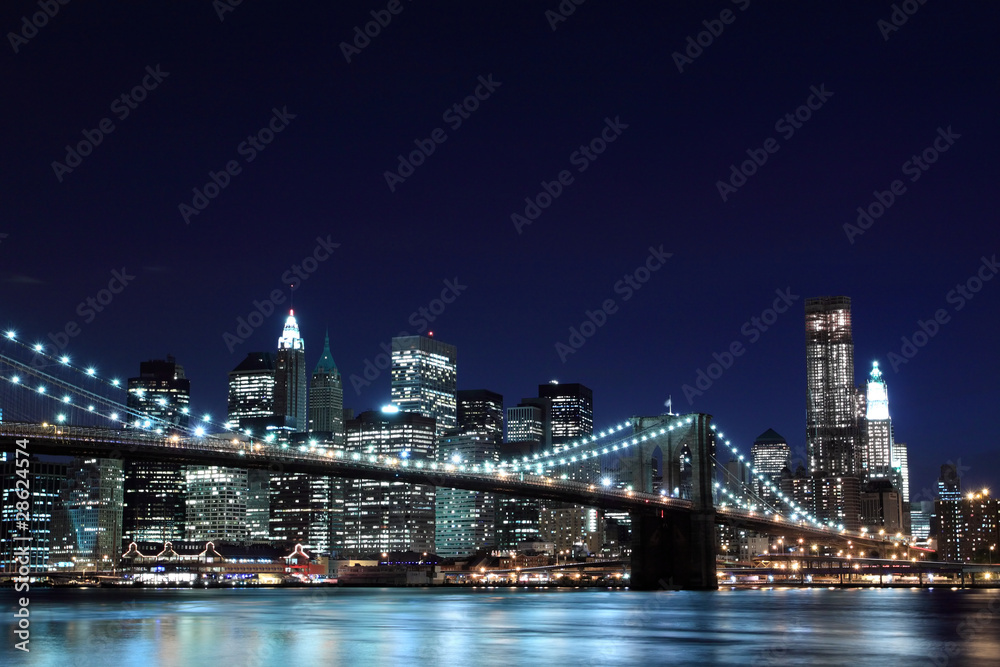 Brooklyn Bridge and Manhattan Skyline  At Night, New York City