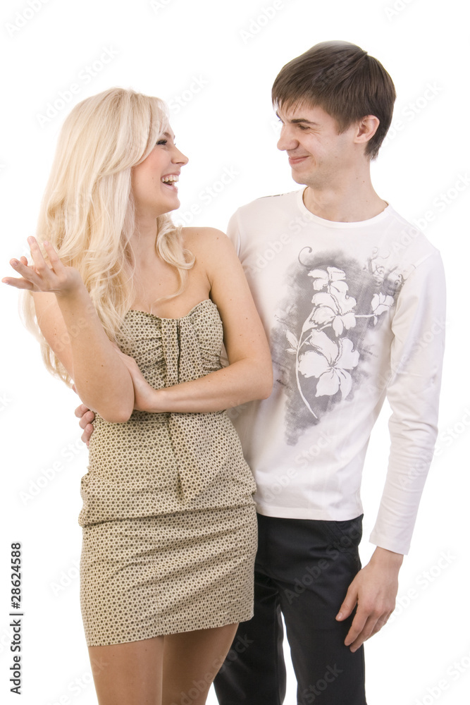 Obraz premium Couple of students talking, isolated on white background