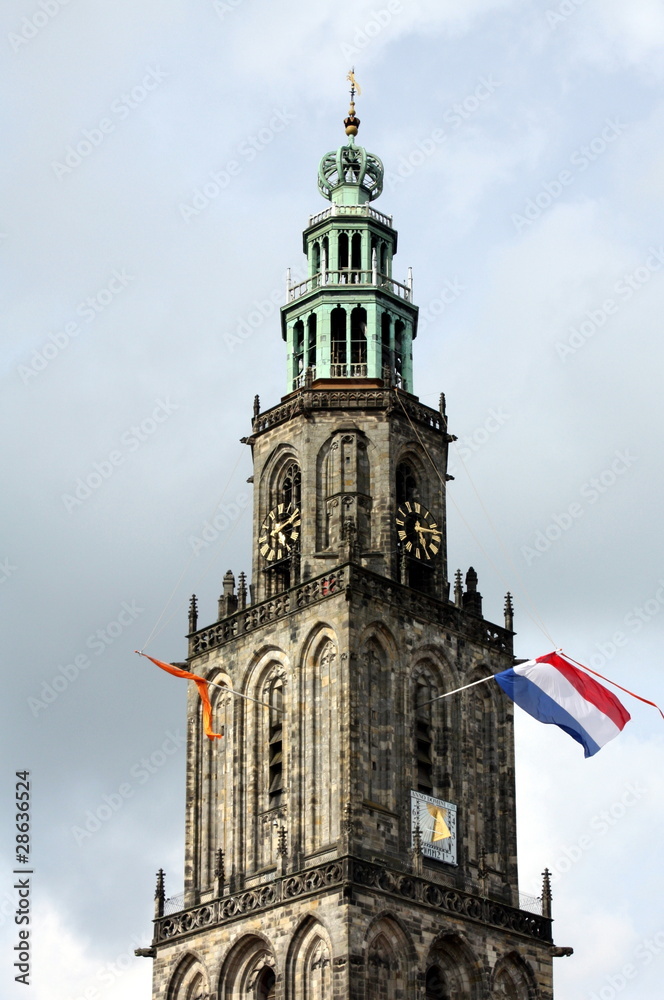 Flags at the Martini tower in Groningen in the Netherlands