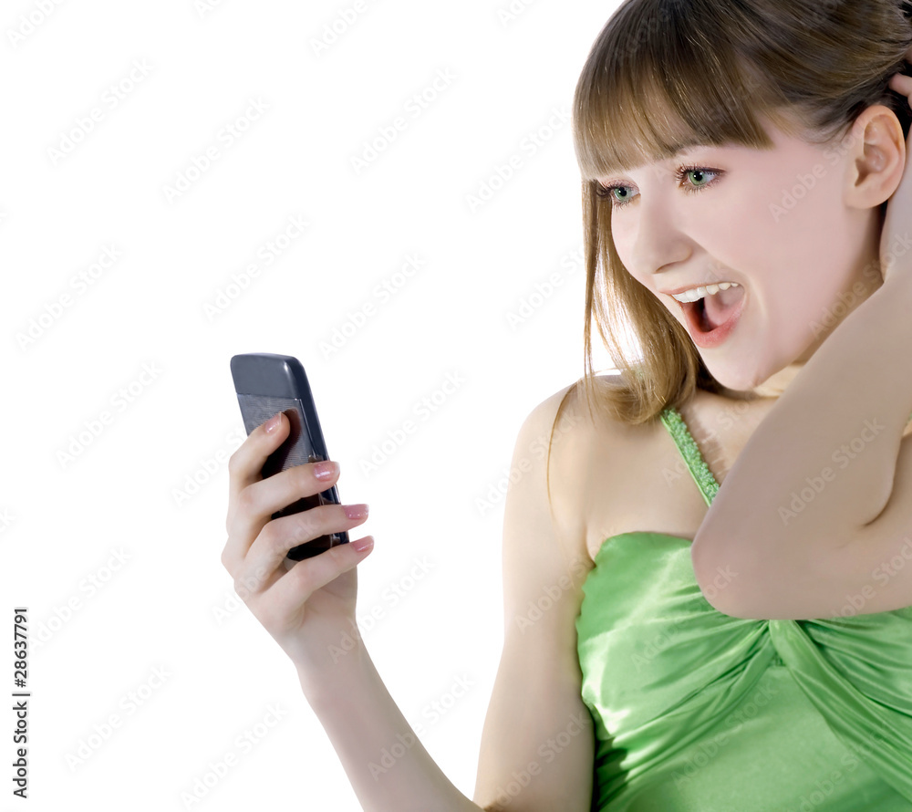 Bright picture of happy woman with cell phone Bright picture of happy woman with cell phone
