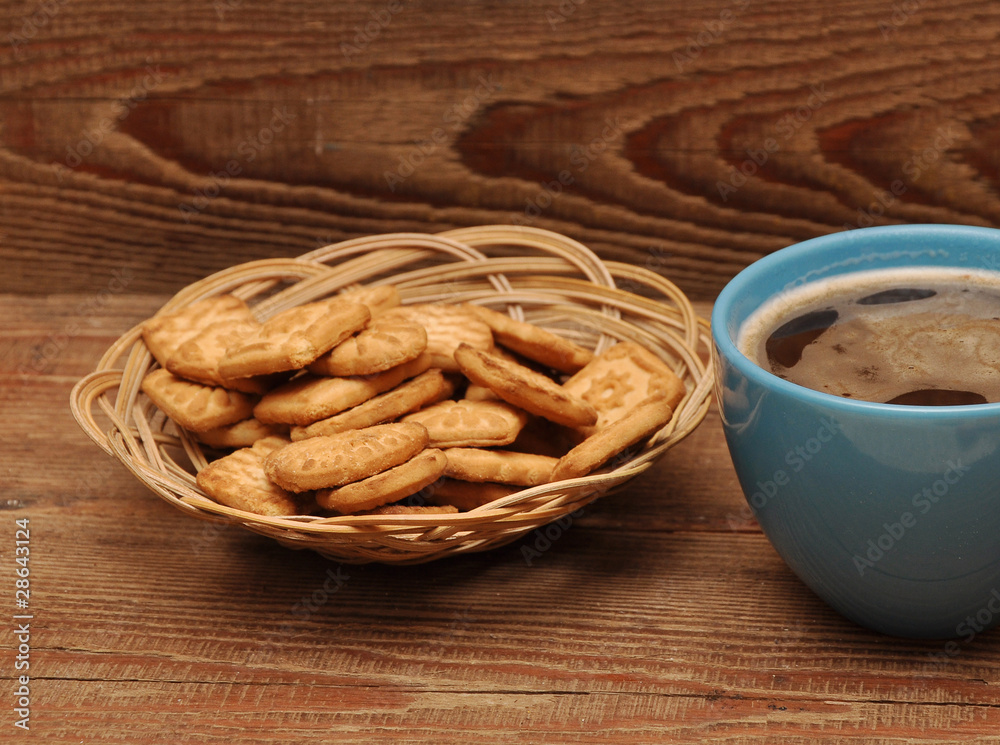 cup of tea and cookies in basket