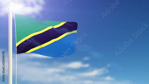 Tanzania flag waving. Sky background. Seamless loop.