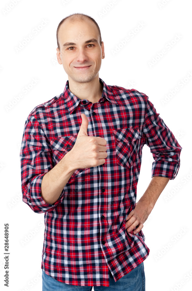 man in shirt showing his thumb up man in shirt showing his thumb up