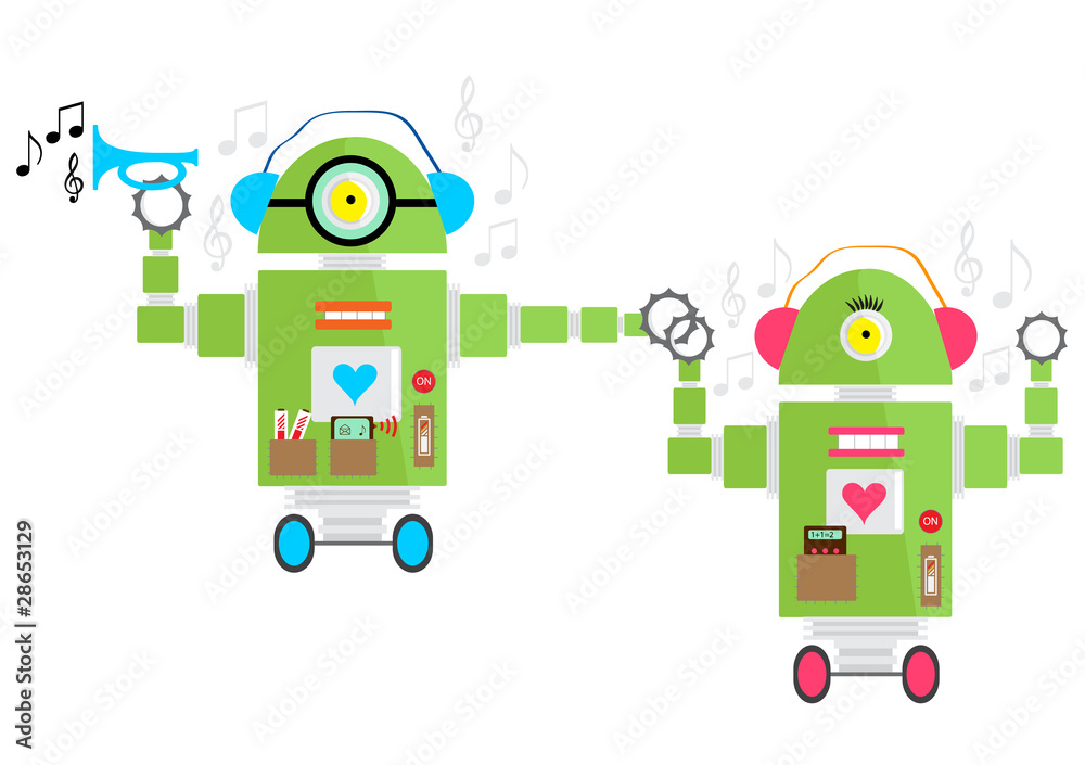 Cute green robot girl and boy dancing with music vector Cute green robot girl and boy dancing with music vector