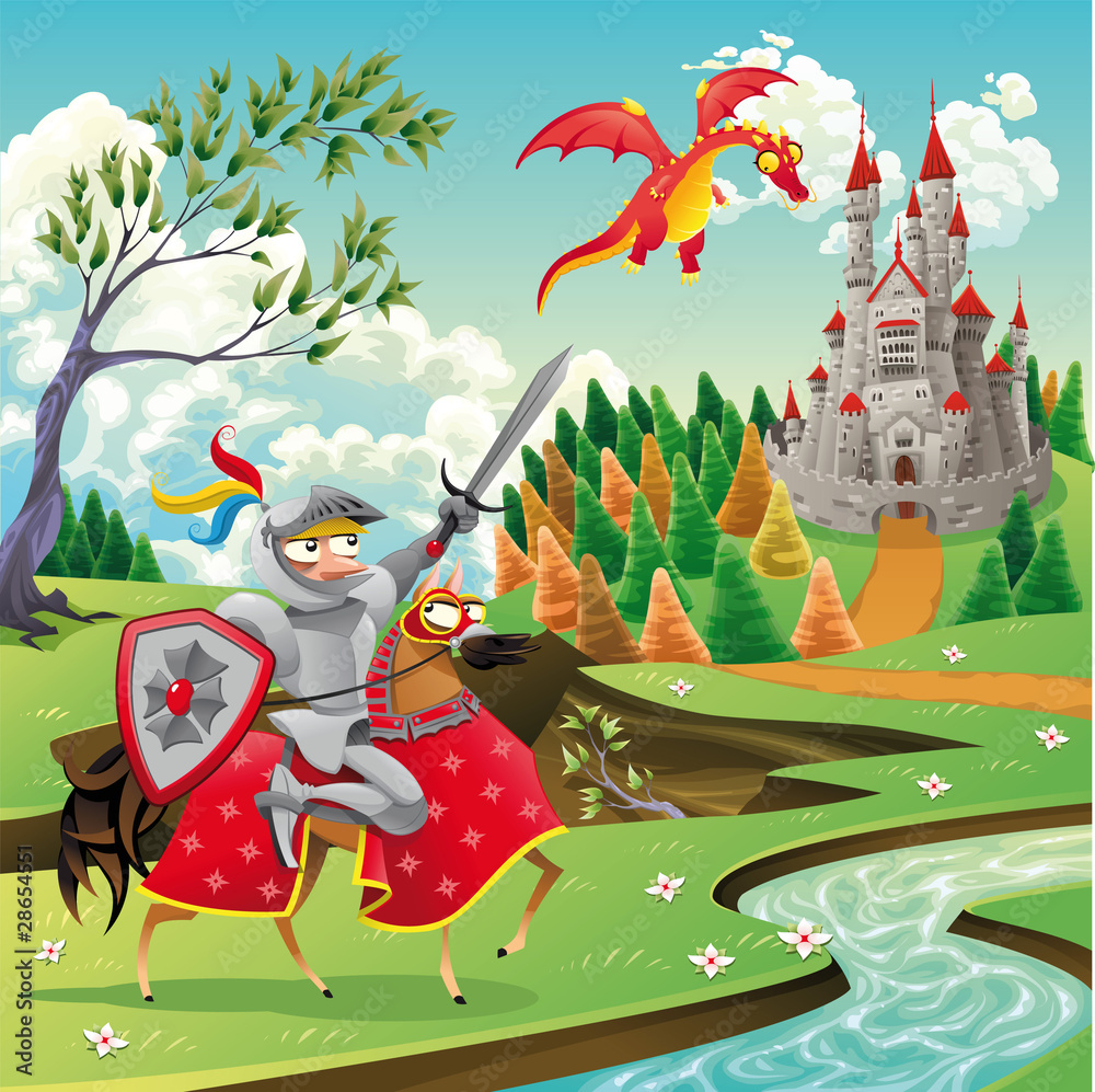 Obraz premium Panorama z zamkiem, smokiem i rycerzem. Ilustracji wektorowych