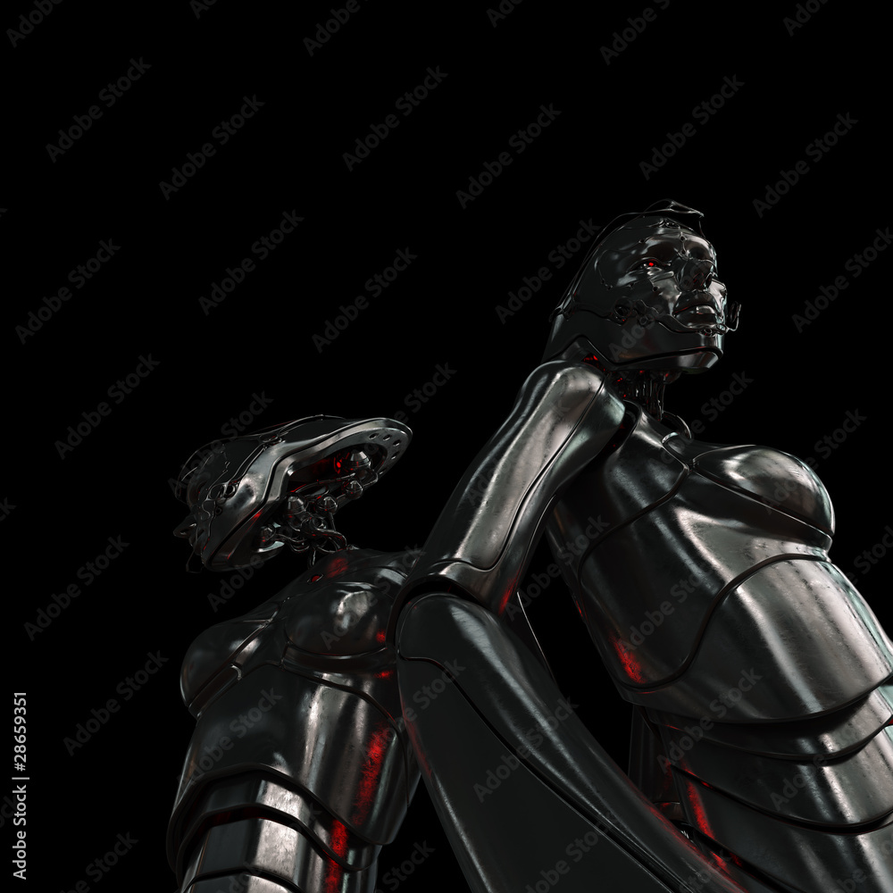 Naklejka premium Unusual futuristic metal cyborg woman - bottom view