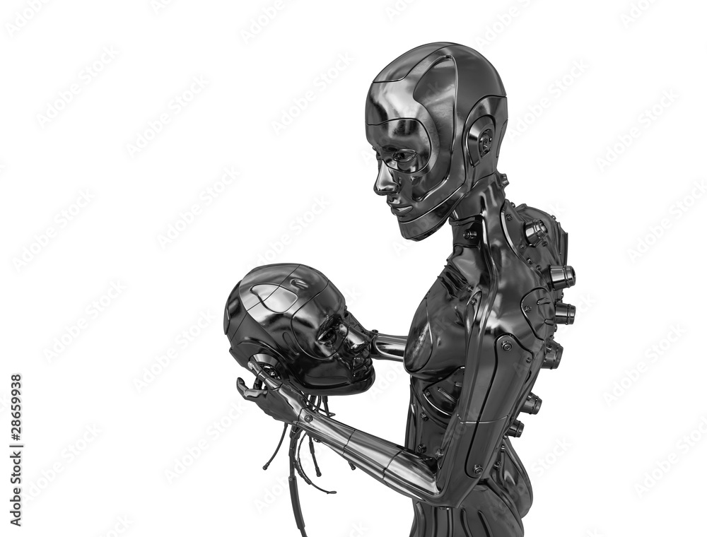 Metal cyborg that holds decapitated head of another cyborg Metal cyborg that holds decapitated head of another cyborg