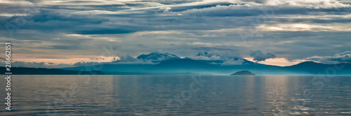 sunset over moutains and lake